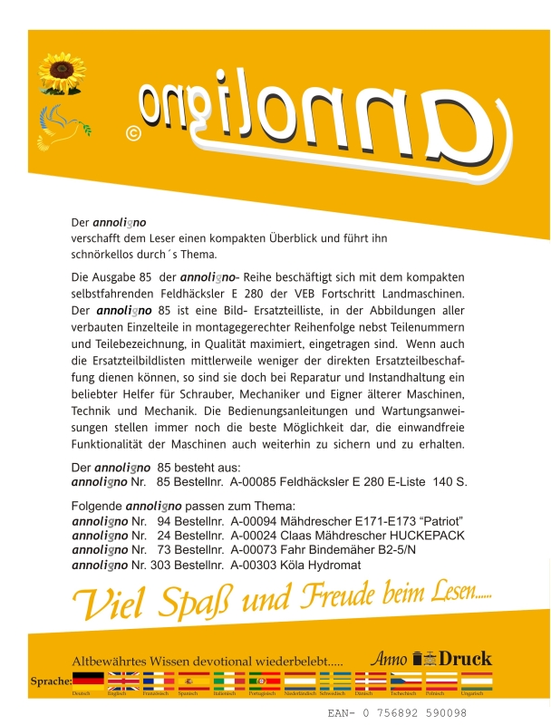 VEB Fortschritt Landmaschinen Feldhäcksler E 280 Bild- Ersatzteilliste  - annoligno 85